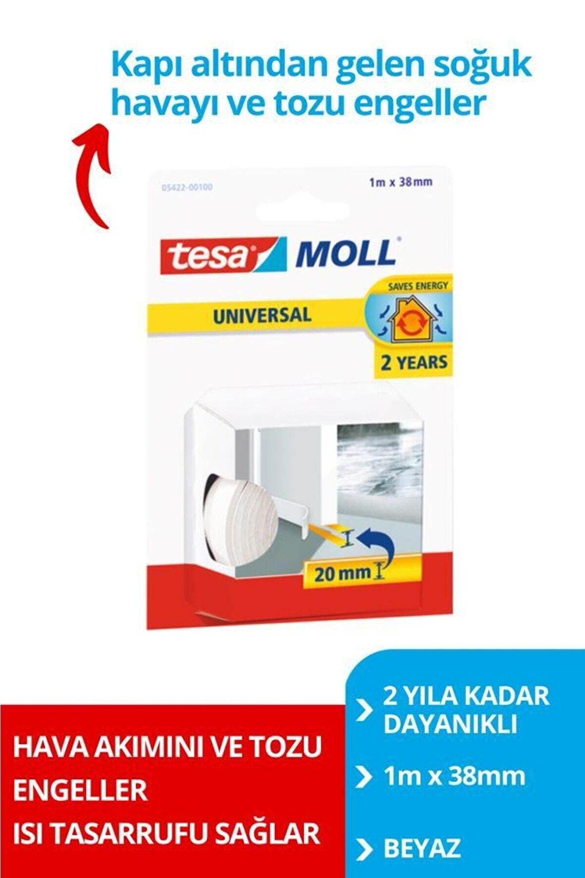 tesamoll® GENEL AMAÇLI Kapı-Zemin Arası Köpük, Beyaz, 1m x 38mm