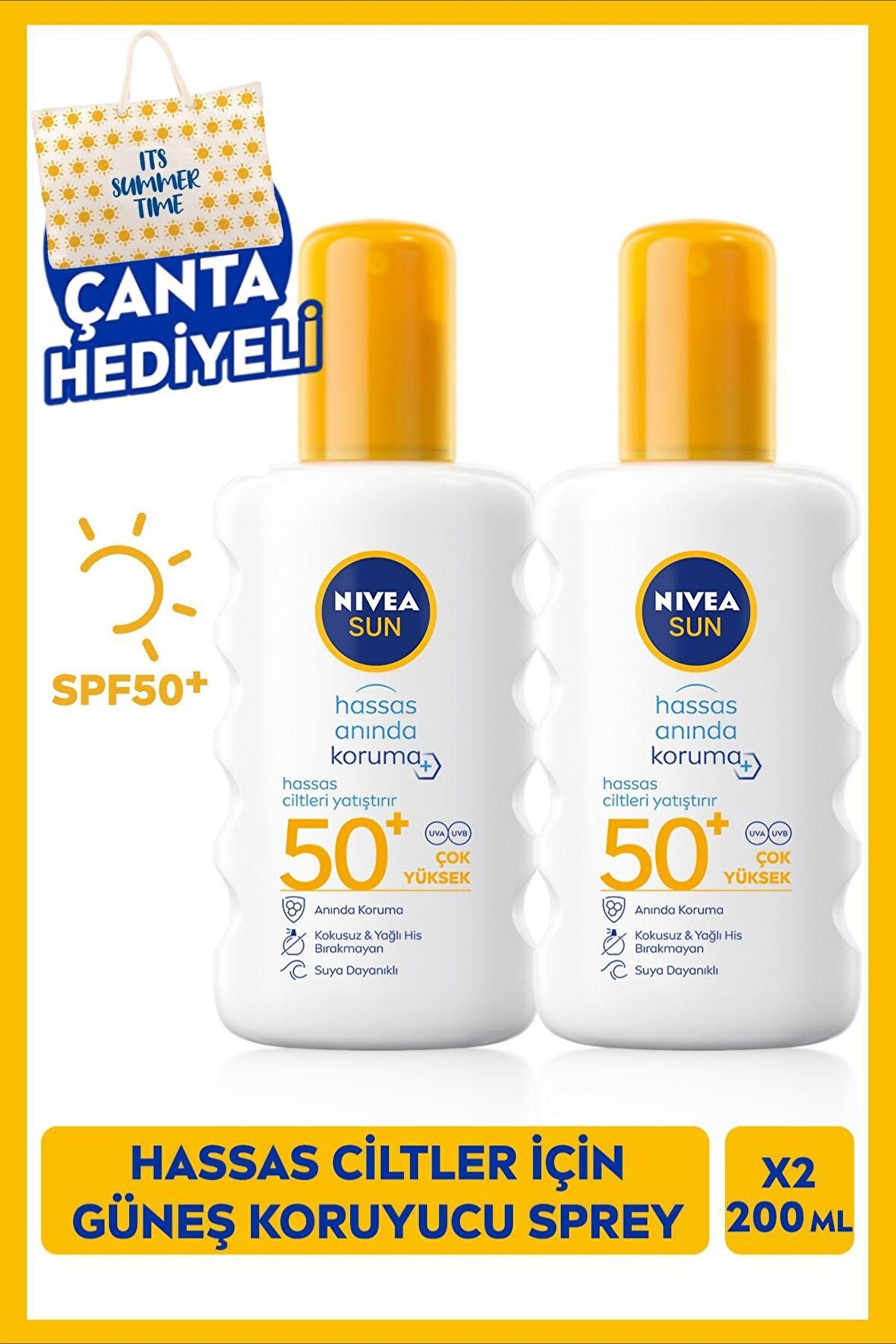 SUN Hassas Ciltler İçin Yüksek Güneş Koruyucu Sprey 200ml, SPF50, Yatıştırıcı, Çanta Hediye, X2Adet