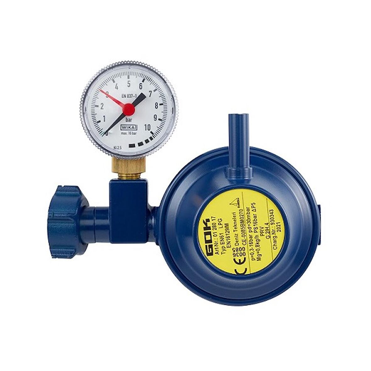 GOK - 90 Derece Dik Çıkışlı. Manometreli LPG/Gaz Dedantör/Regülatör