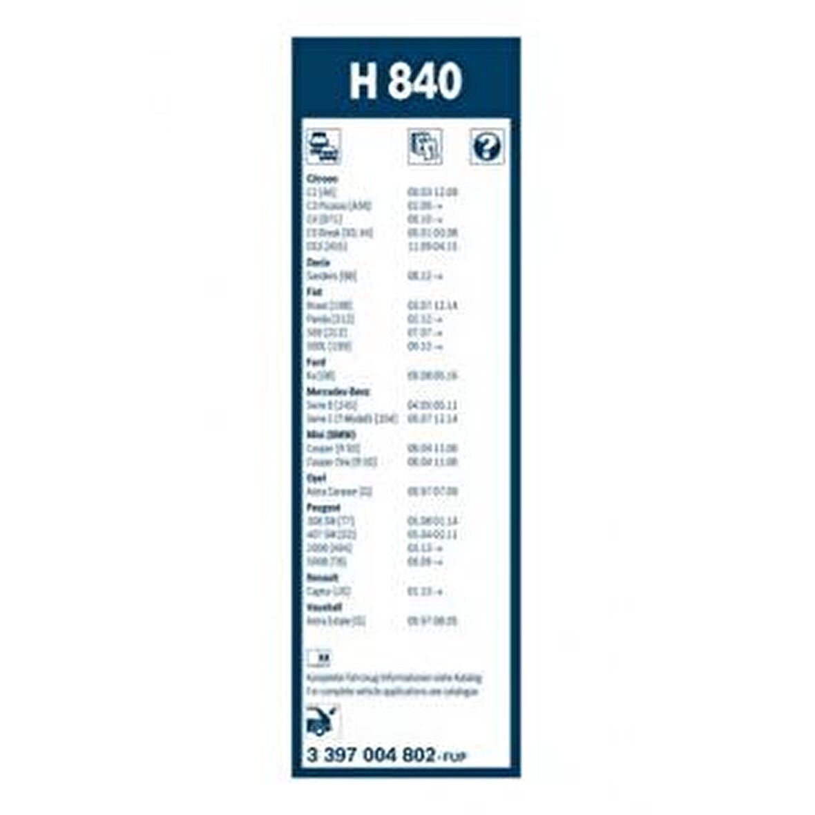 SILECEK SUPURGESI ARKA 290mm AEROTWIN ASTRA 00 08 - C2 03 09 - C3 PICASSO 2009- C4 2010- C5 01- - BOSCH 3397004802