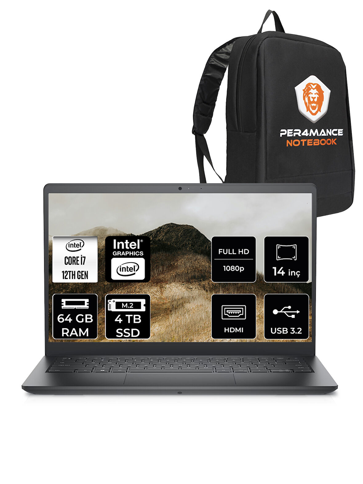 Dell Vostro 3420 Intel Core i7 1255U 64GB 4TB SSD 14" FHD FDOS Taşınabilir Bilgisayar & PER4 Çanta