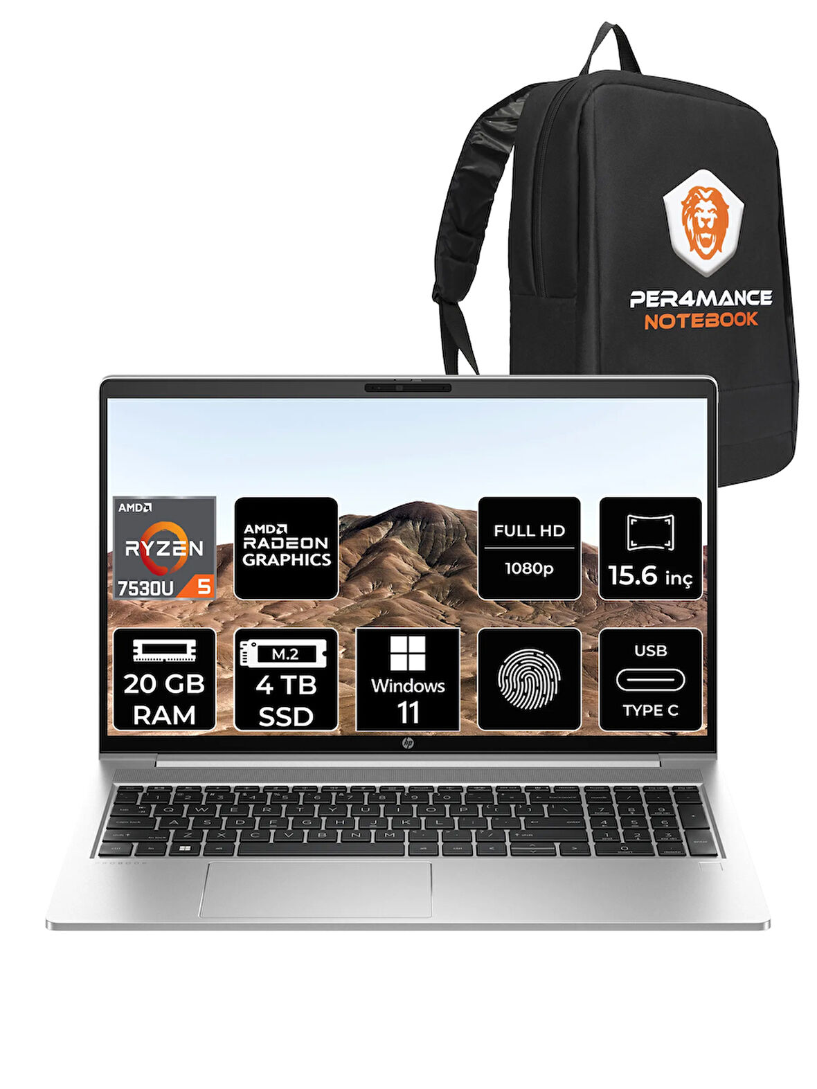 HP ProBook 455 G10 R5 7530U 20GB RAM 4TB SSD 15.6'' FHD W11PRO Dizüstü Bilgisayar & PER4 ÇANTA