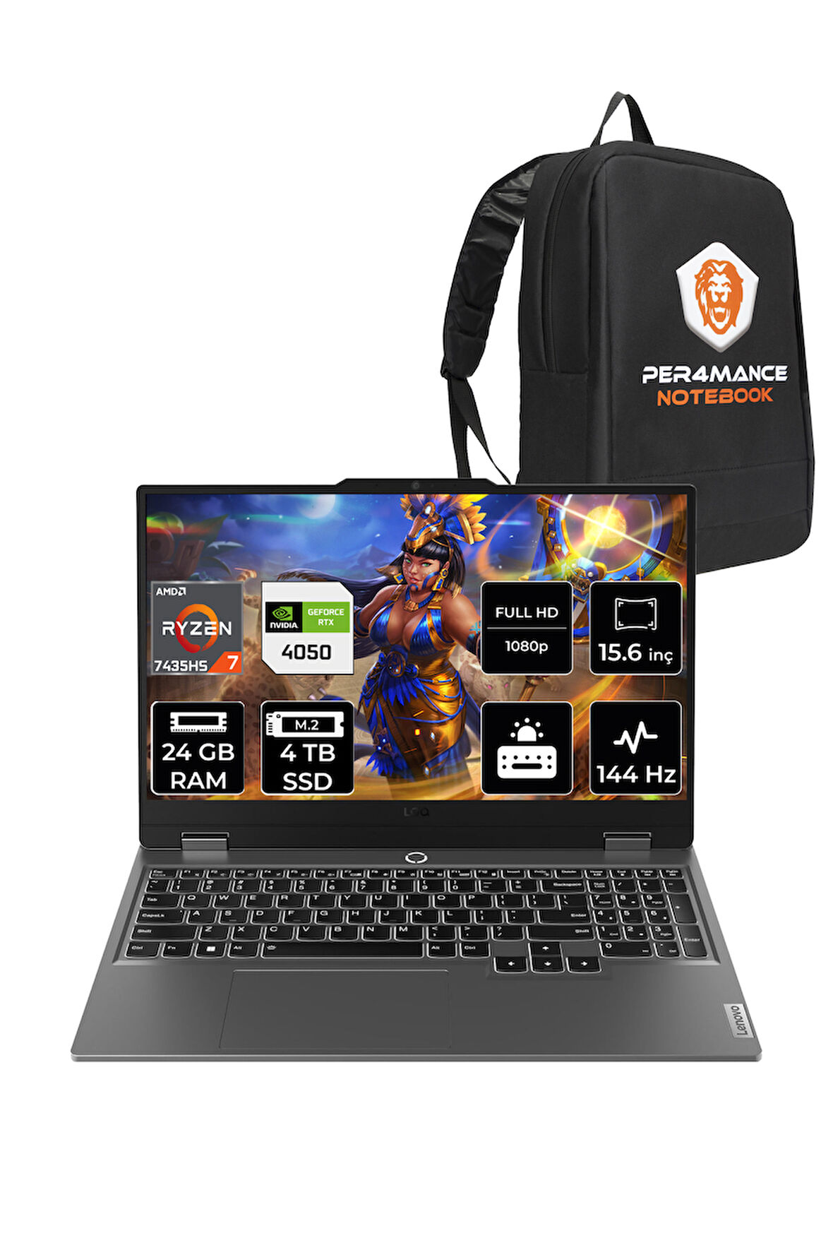 Lenovo LOQ R7 7435HS 24GB 4TB SSD RTX4050/6GB 105W 144Hz FHD 15.6" FDOS Gaming Laptop & PER4 ÇANTA