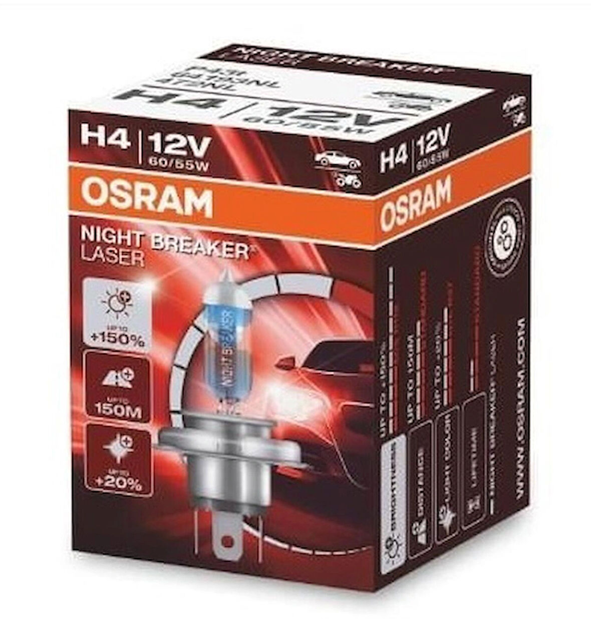 OSRAM  NIGHT BREAKER LAZER H4 12V 60/55W %150 Daha Güçlü Işık  150M'ye kadar Fazla Görüş Açısı