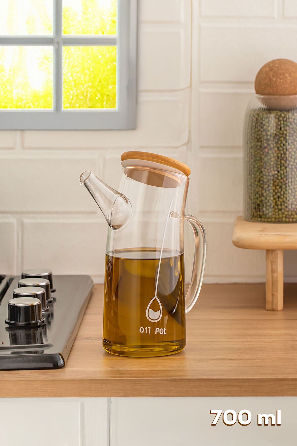 Porsima 2093 Bambu Kapaklı Vakumlu Borosilikat Cam Yağdanlık Yağlık Sirkelik 700ml