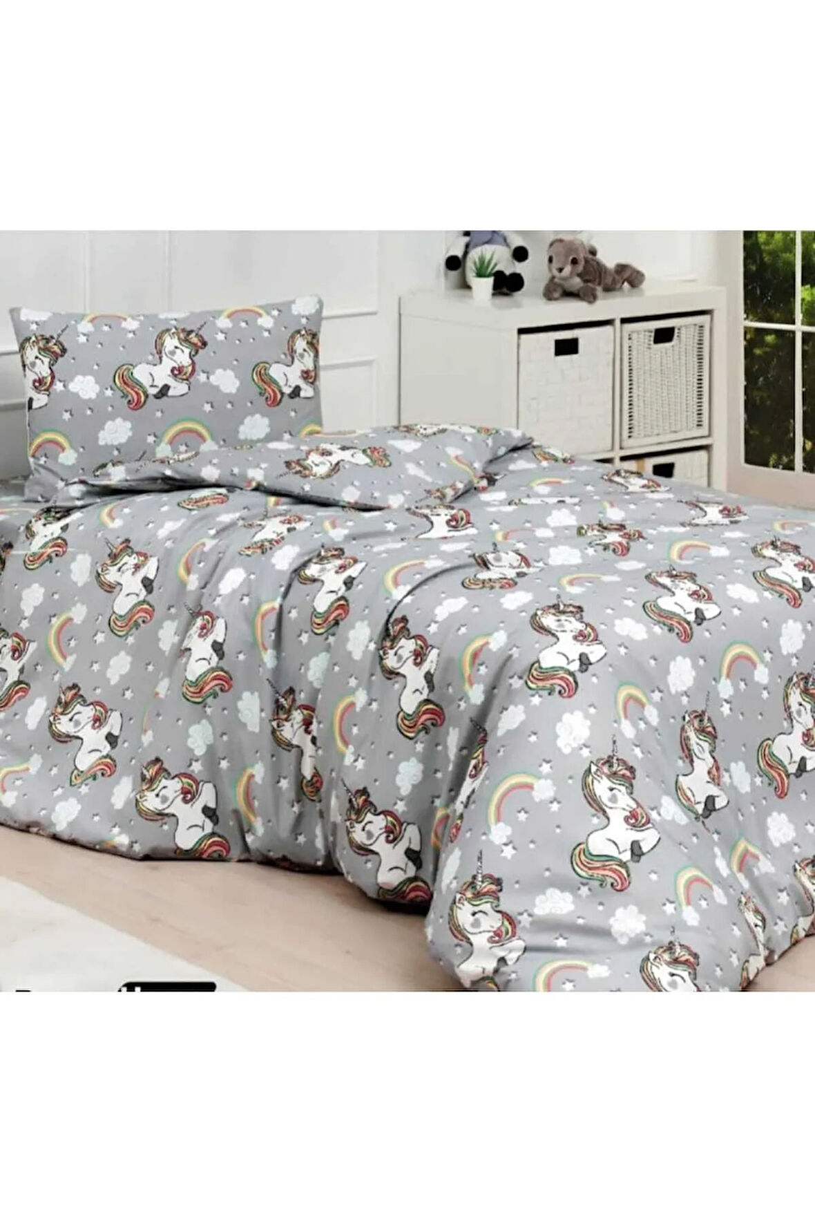 Gri Unicorn Pamuklu Kumaş Tek Kişilik Lastikli Çarşaf Takımı
