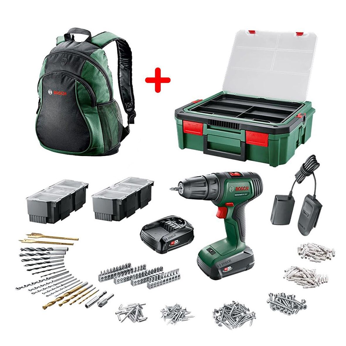 Bosch UniversalDrill 18V  Akülü Matkap (1,5Ah, ÇiftAkü) SBX + 241Aksesuar Seti - 06039D4003 - Bosch Yeşil Sırt Çantası