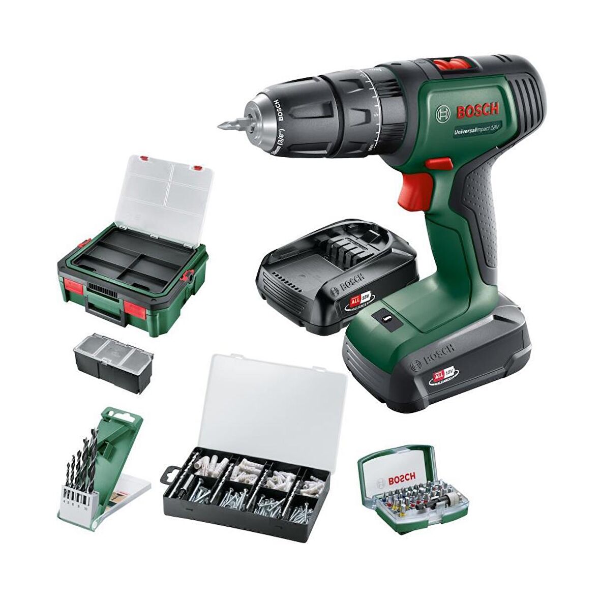 Bosch UniversalImpact Akülü Darbeli Matkap (2x 1.5Ah)+210 Aksesuar 06039D4107