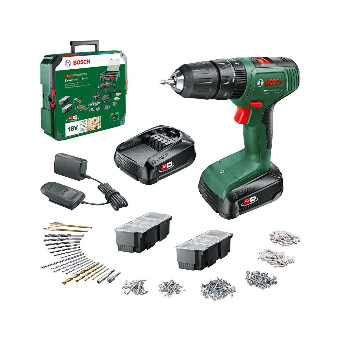 Bosch EasyImpact 18V-40 1.5Ah Çift Akü Darbeli Delme/Vidalama + 241 Parça Aksesuar Seti