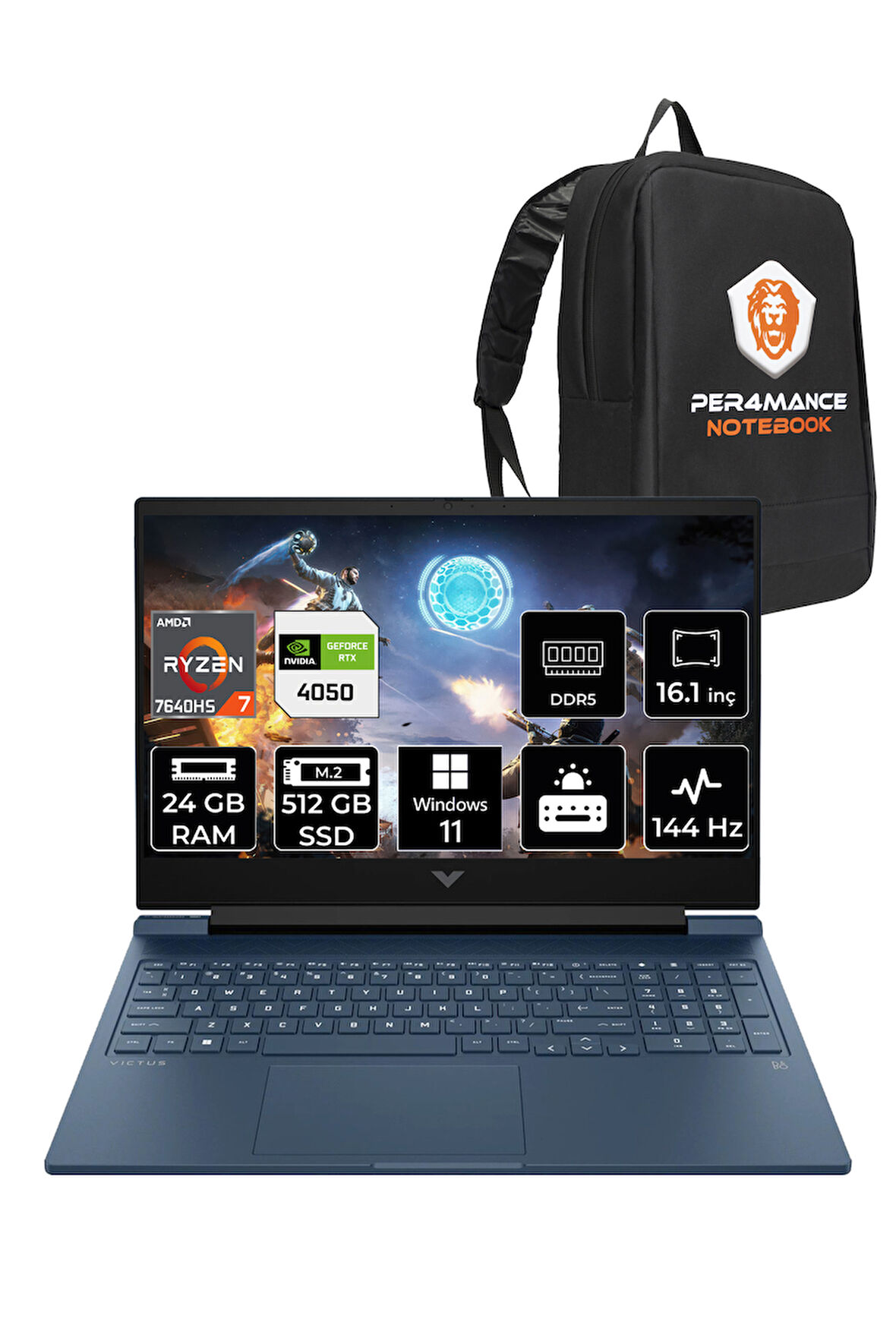 HP Victus 16 R7 7840HS 24GB RAM 512GB SSD RTX4050/6GB 144Hz 16.1'' FHD W11P Gaming Laptop & PER4 ÇANTA