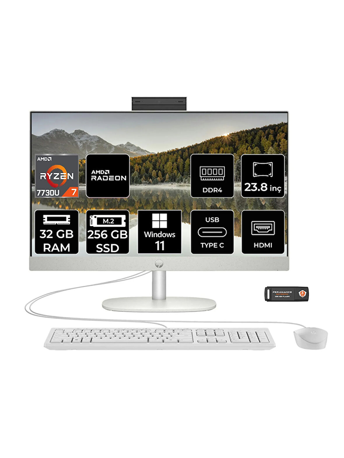 HP ProOne 245 G10 R7 7730U 32GB 256GB SSD 23.8" Full HD IPS W11H All In One PC & PER4 Bellek