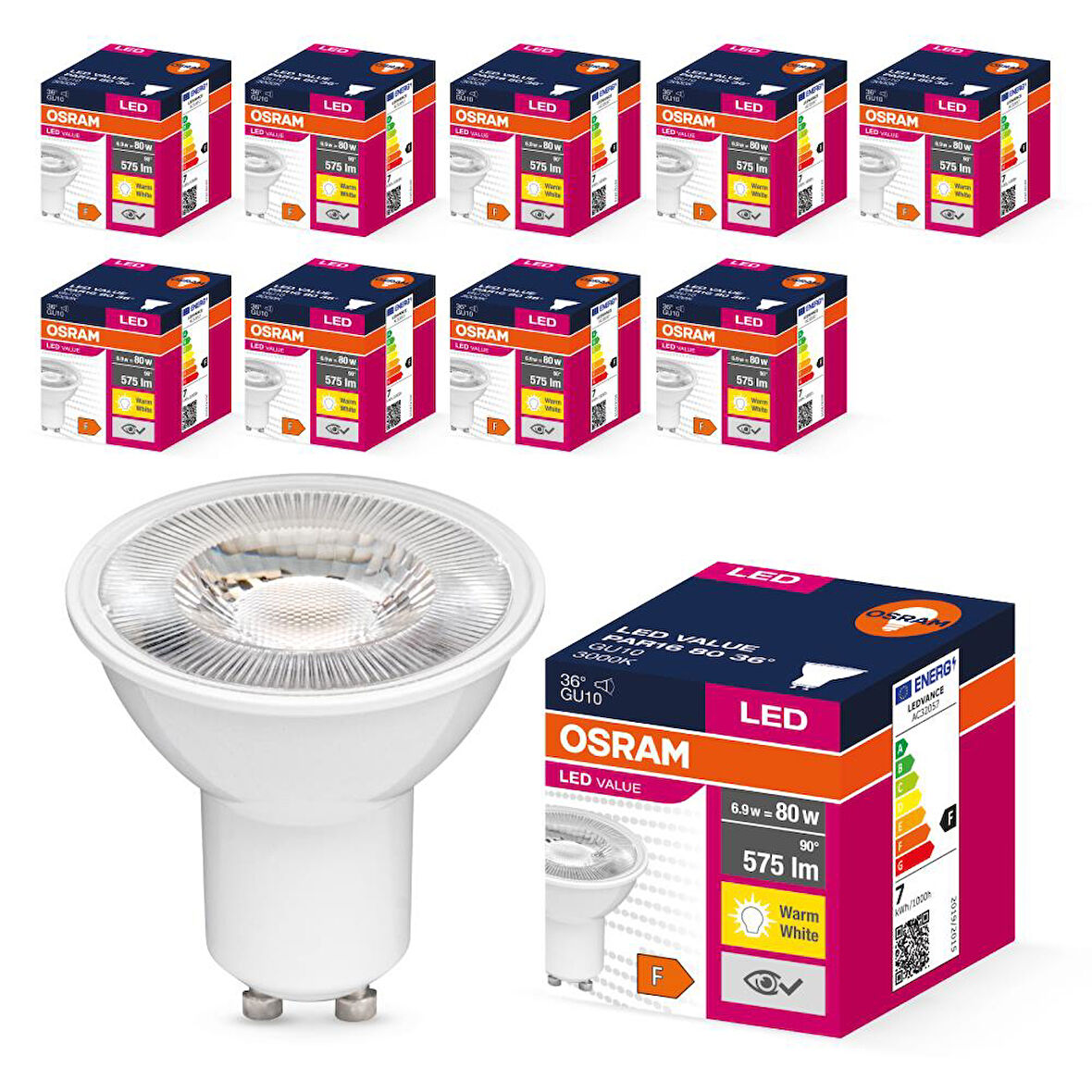 Osram LED Value PAR16 6.9W GU10 3000K Sıcak Beyaz Ampul 10 Adet