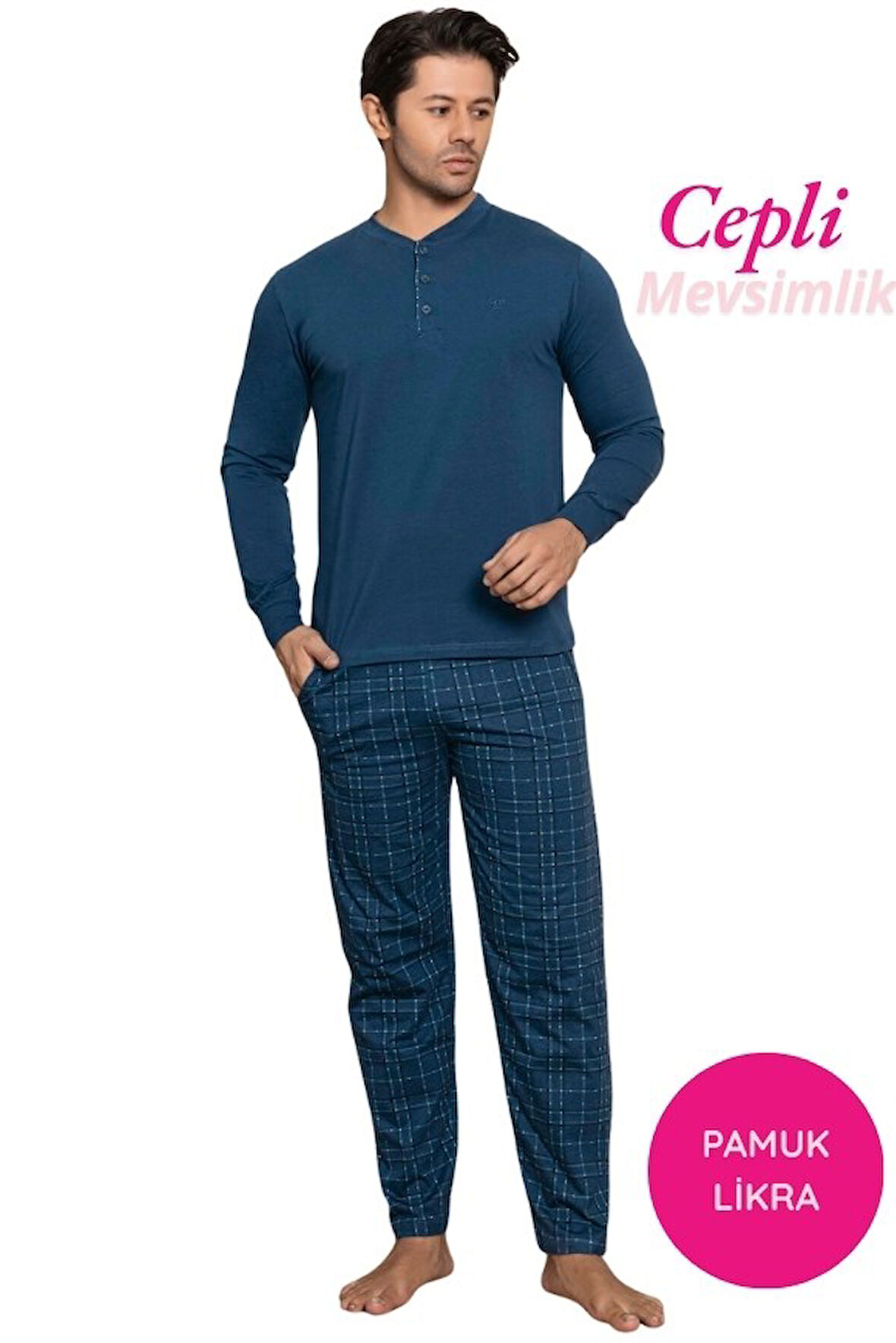 Erkek 3 Düğmeli Ekose Desen Pamuk Likra Mevsimlik Uzun Kol Manşetli Cepli Pijama Takımı