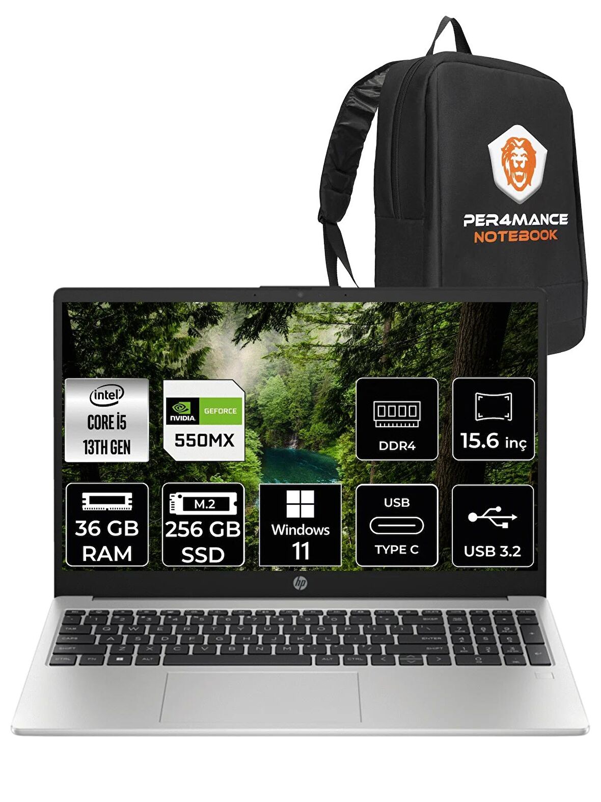 HP 250 G10 Intel Core i5 1335U 36GB RAM 256GB SSD MX550 15.6'' FHD W11HOME 8A539EA & PER4 ÇANTA