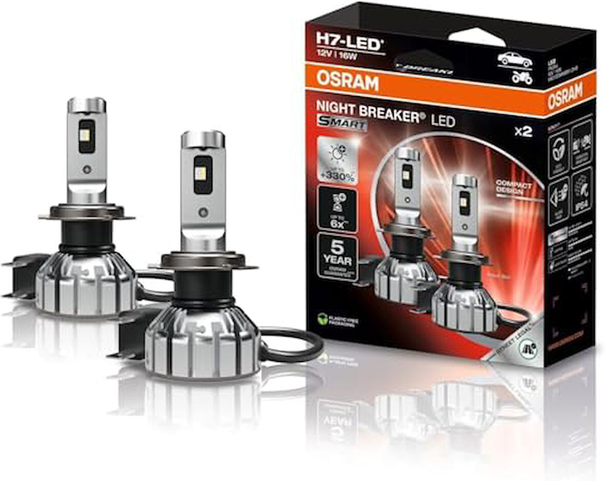 OSRAM Night Breaker LED Smart H7; %330'a kadar daha fazla parlaklık; 6000 K, 12 V, LED uzaktan ve kısa huzmeli far, sokak onaylı, beyaz