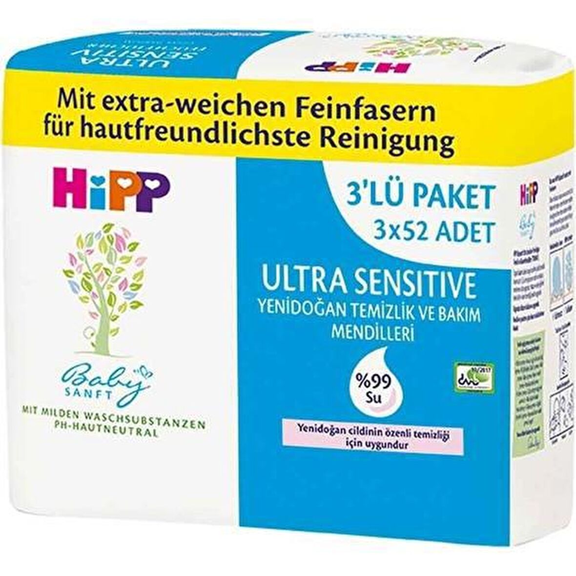 Hipp Baby Sanft Yenidoğan Alkolsüz-Parfümsüz 3 x 52 Yaprak 3 Paket Islak Mendil