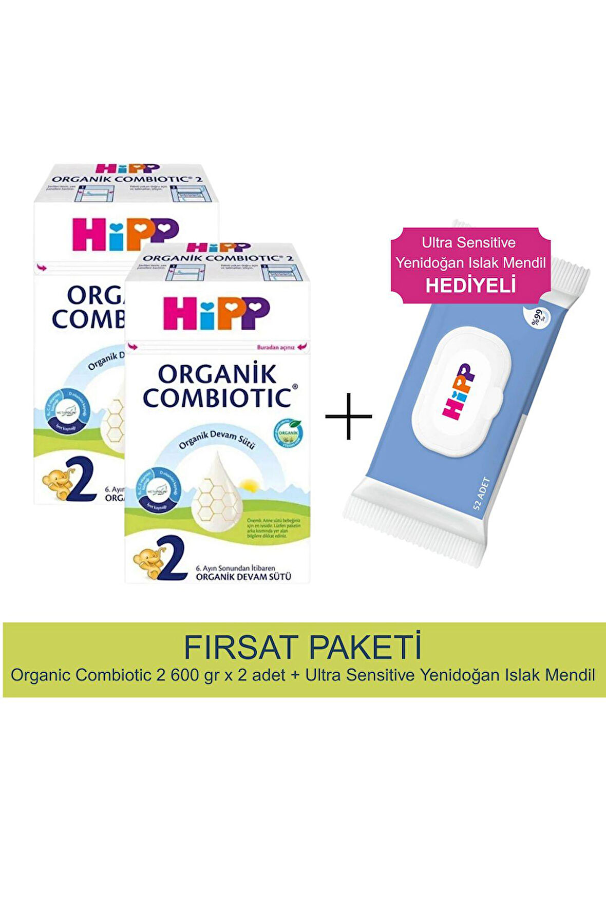 Hipp 2 no Combiotic Devam Sütü 600 gr X 2 Adet + Ultra Sensitive Yenidoğan Islak Mendil Hediyeli