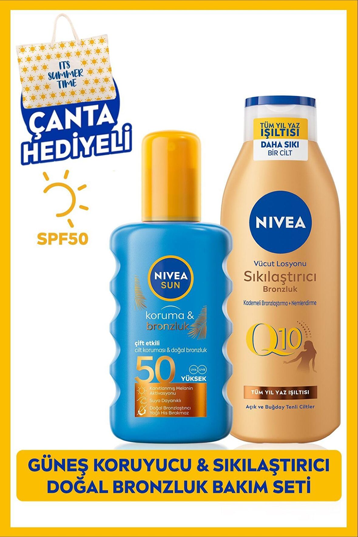 Nivea Sun Koruma Bronzluk Güneş Spreyi 200ml Ve Q10 Sıkılaştırıcı Bronzlaştırıcı Losyon 200ml,çanta Hediye