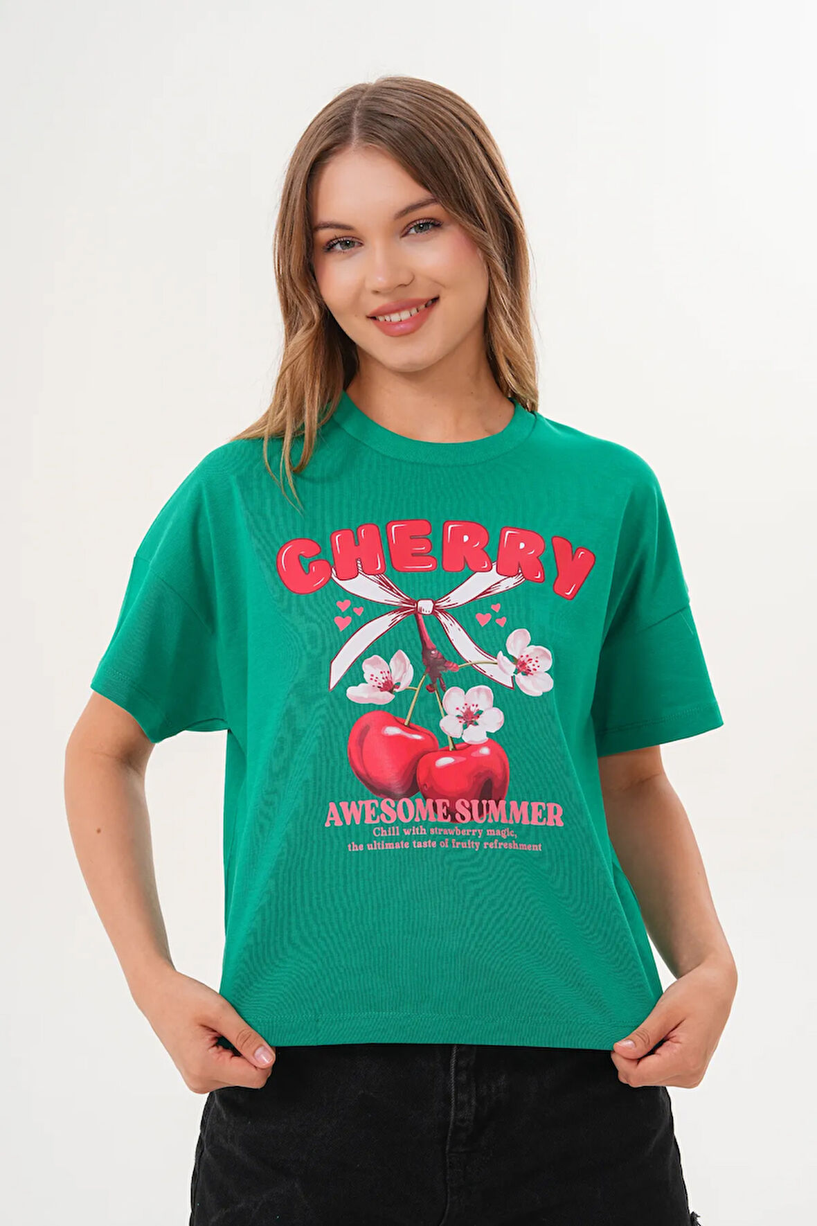 Kadın Yeşil Oversize Cherry Awesome Summer Baskılı Tişört