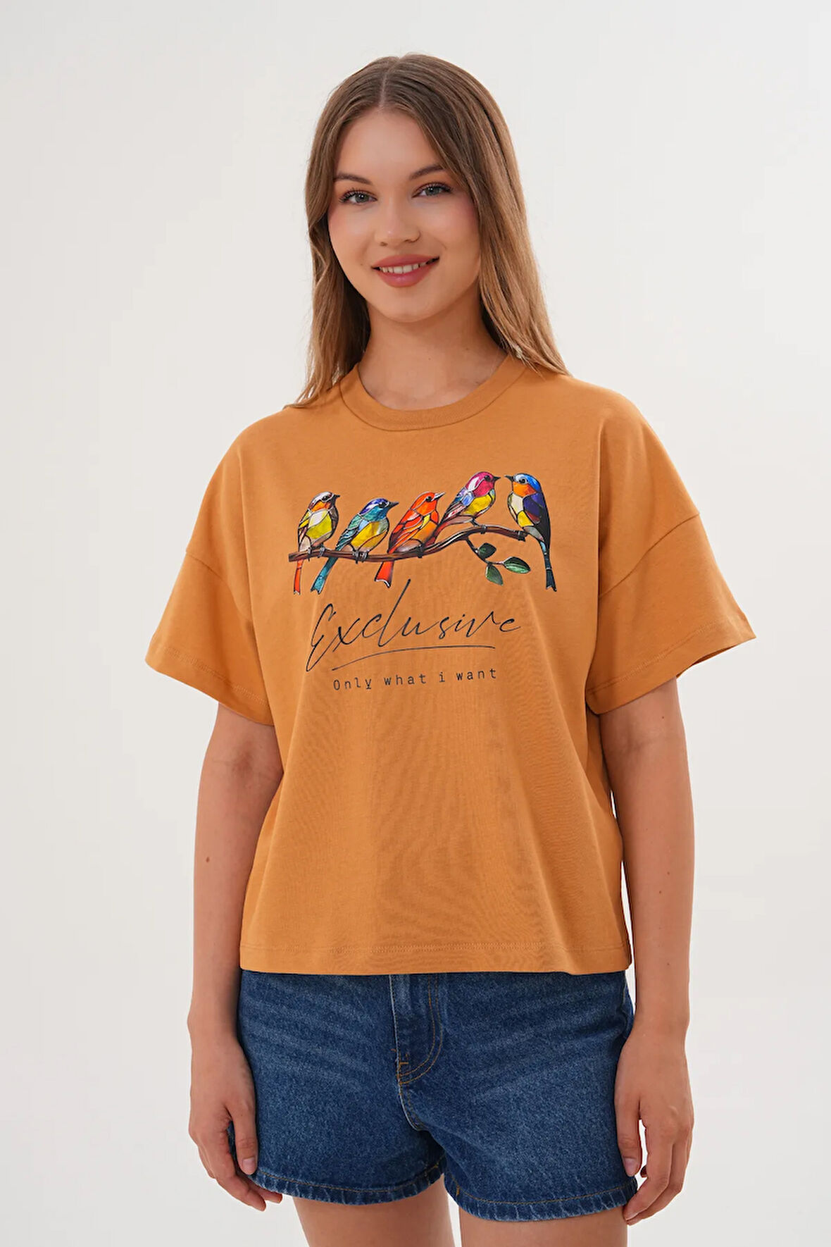Kadın Taba Exclusive Only What I Want Kuş Baskılı Oversize Tişört