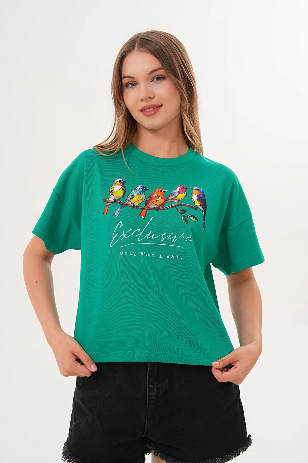 Kadın Yeşil Exclusive Only What I Want Kuş Baskılı Oversize Tişört