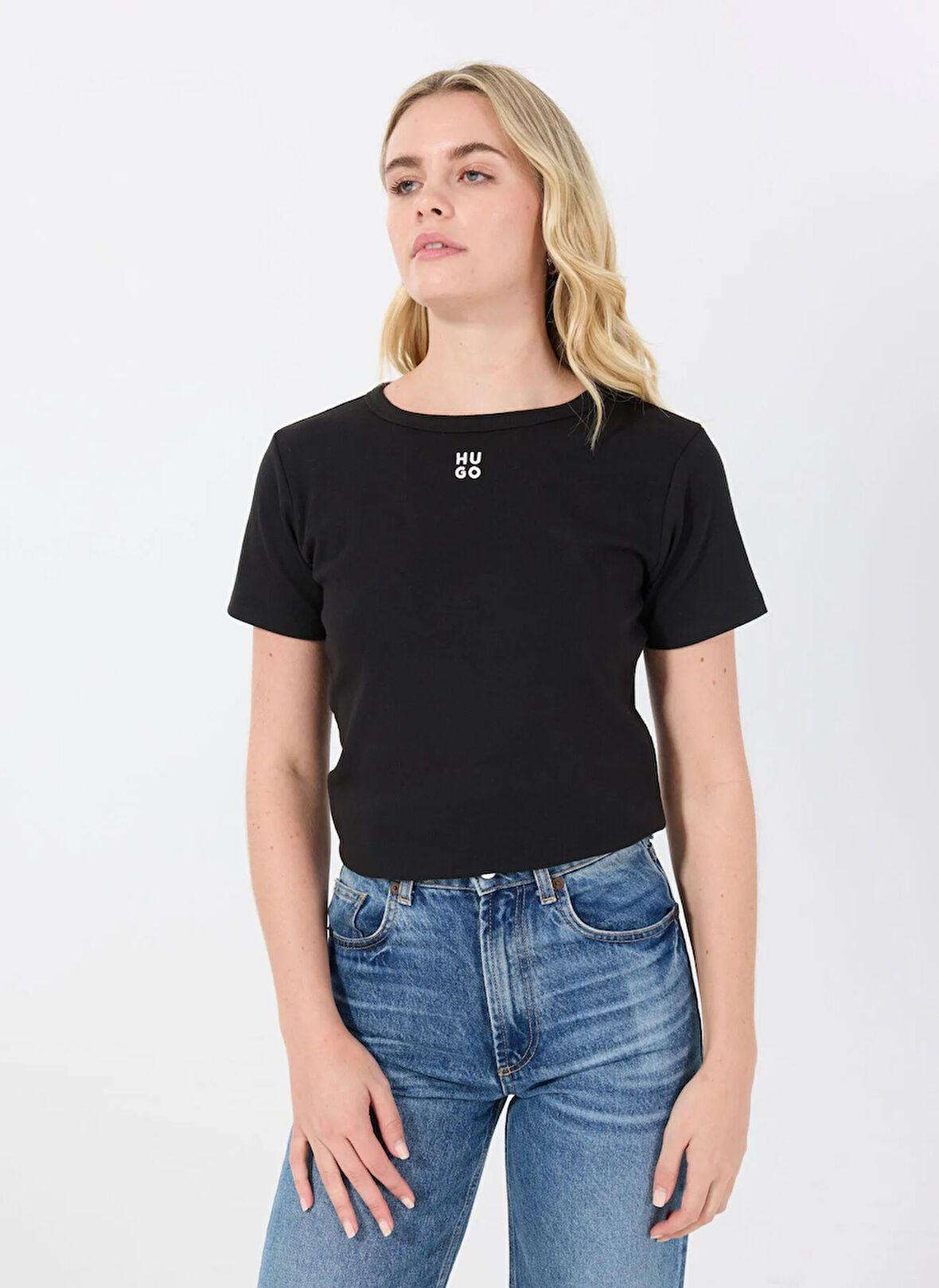 Hugo Bisiklet Yaka Düz Siyah Kadın T-Shirt 50512002