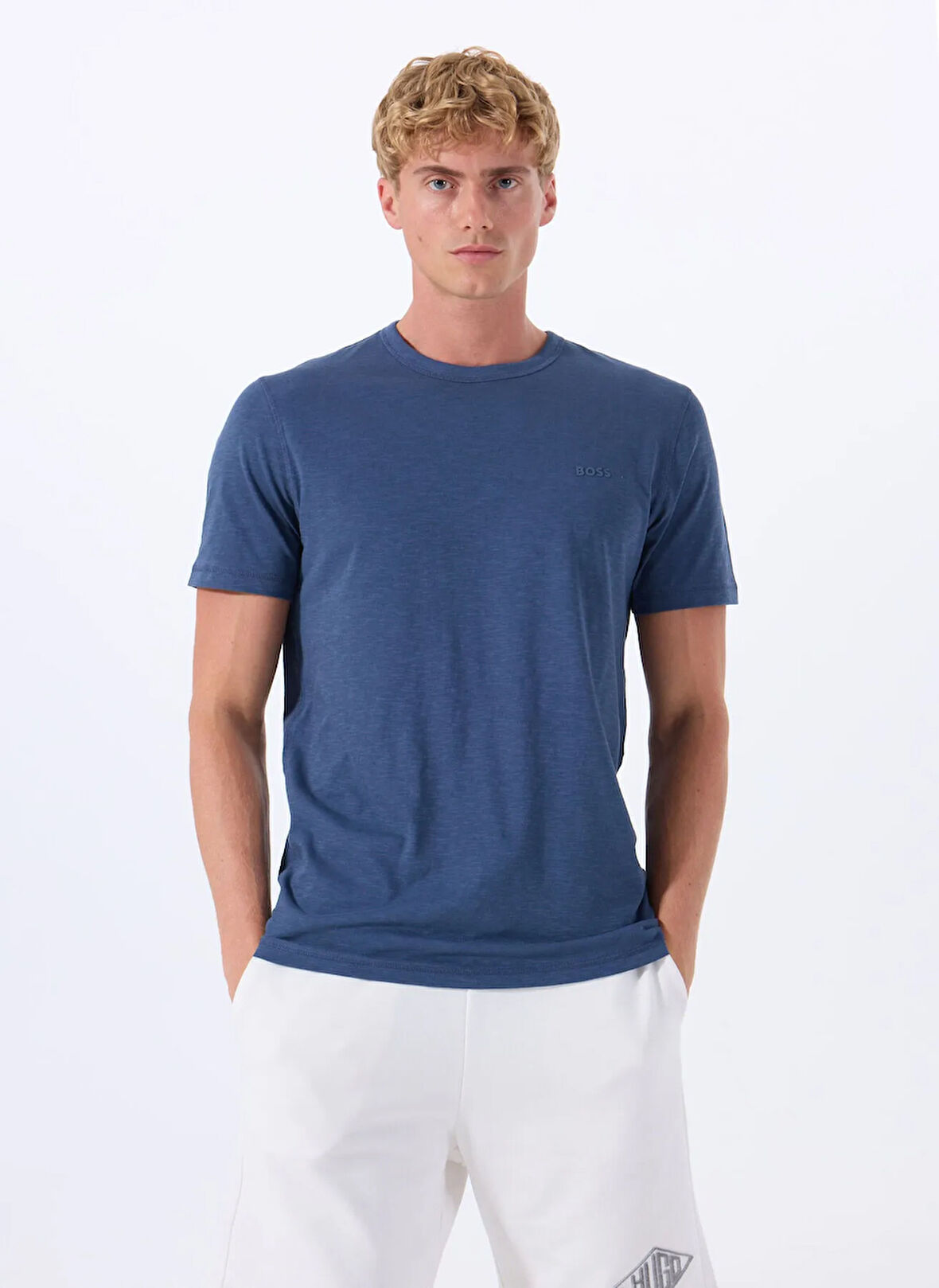 Boss Bisiklet Yaka Mavi Erkek T-Shirt Tegood