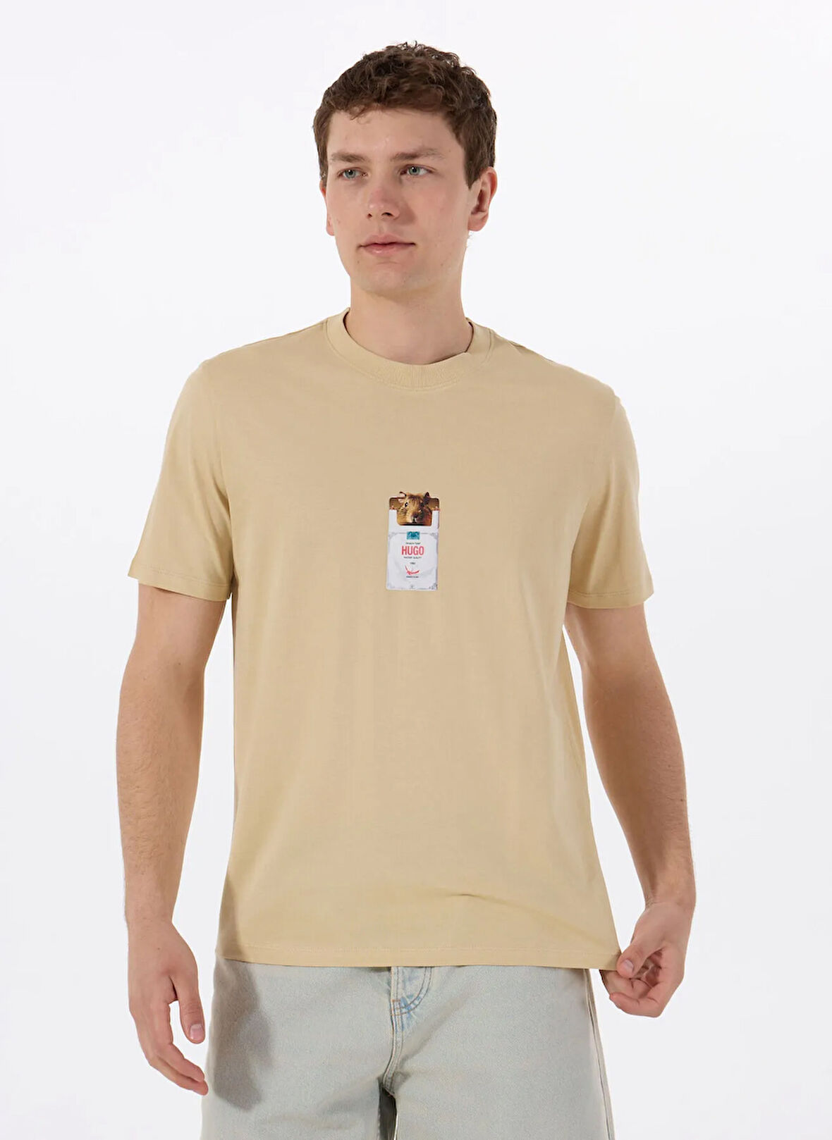 Hugo Bisiklet Yaka Düz Bej Erkek T-Shirt 50530683_Dilesses 10266462 01