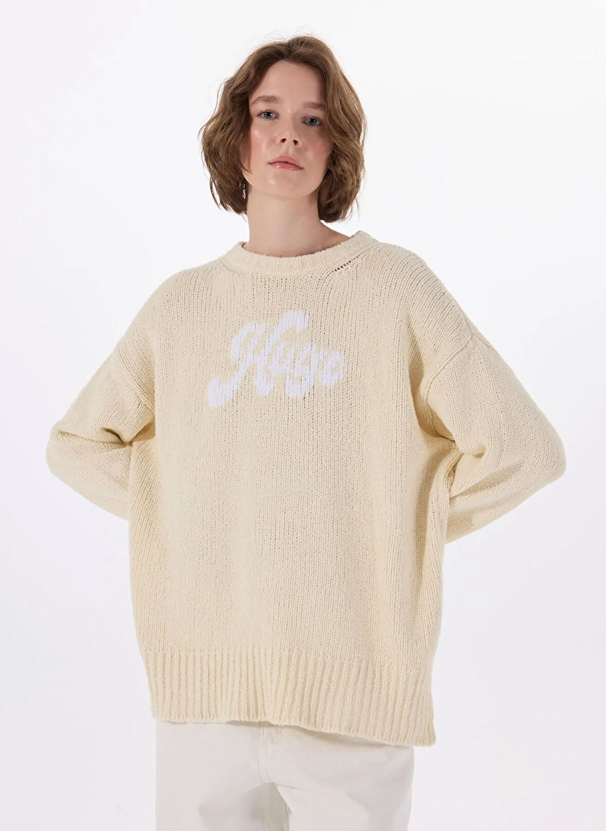 Hugo Bisiklet Yaka Oversize Düz Ekru Kazak Kadın 50539782