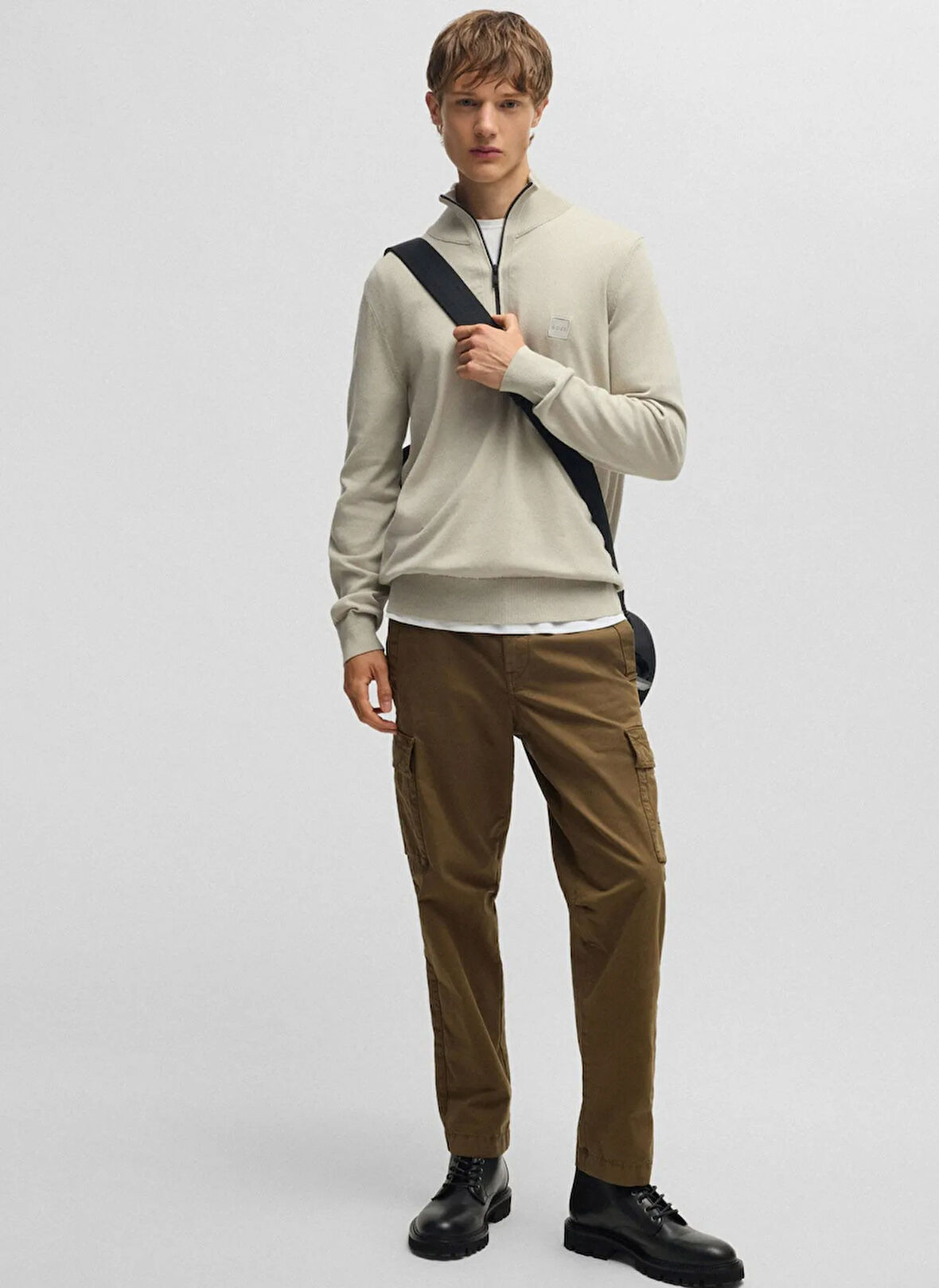 Boss Fermuarlı Yaka Regular Fit Ekru Erkek Kazak Kanobix_S