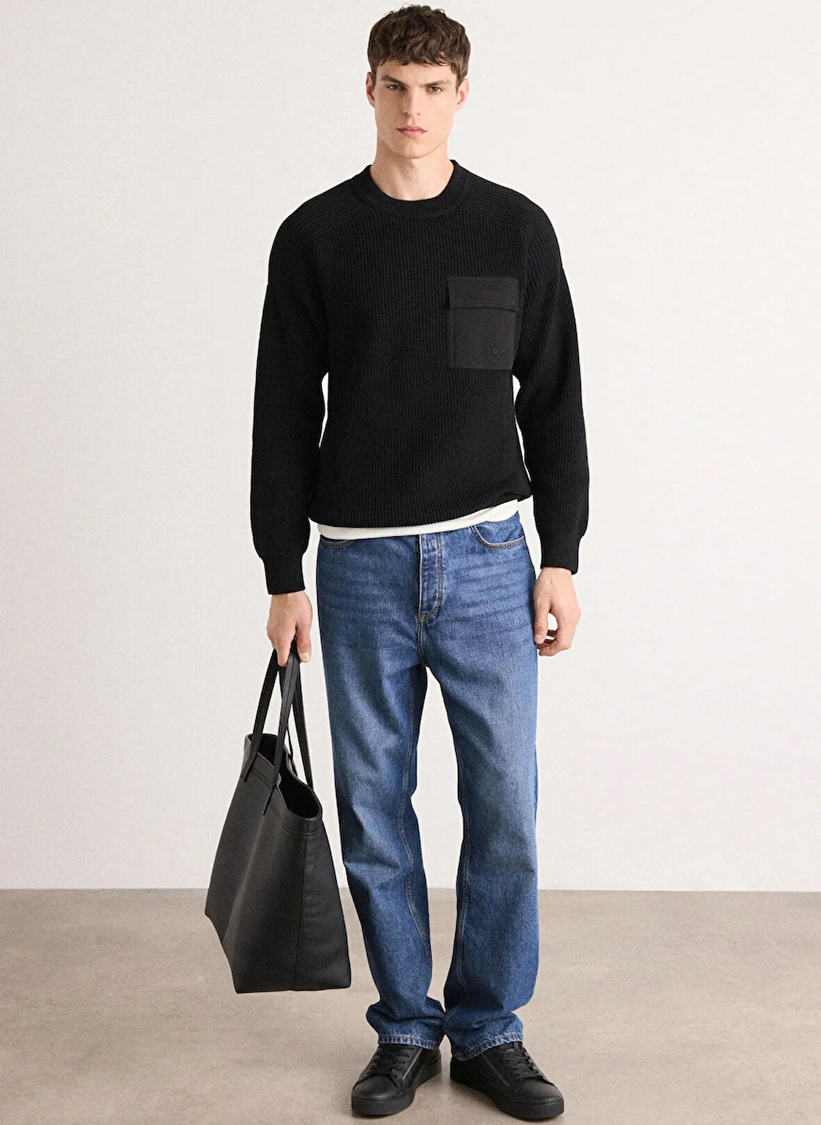 Boss Bisiklet Yaka Relaxed Siyah Erkek Kazak Kalamaro