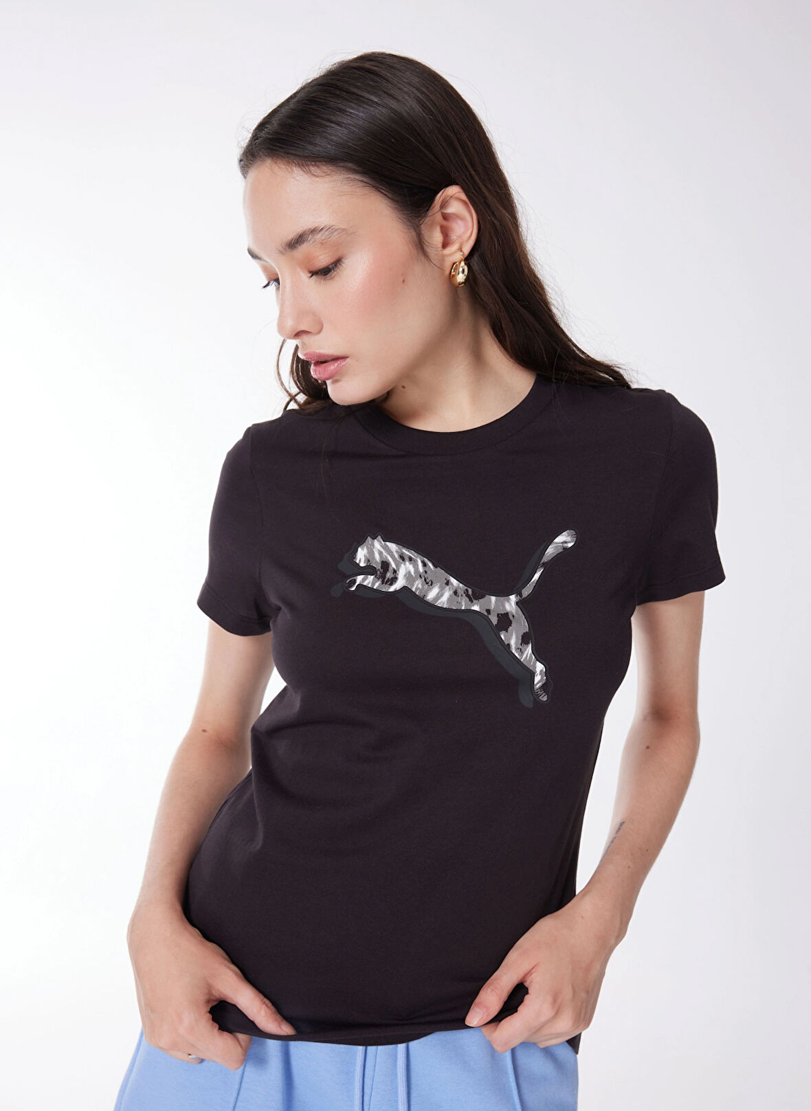 Siyah Kadın Bisiklet Yaka Normal Kalıp T-Shirt 67175401 Puma Power Safari Tee