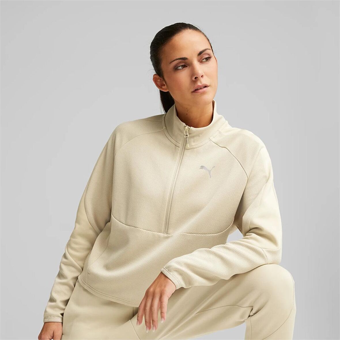 Puma Bisiklet Yaka Krem Kadın Sweatshırt 67308388 EVOSTRIPE Half-Zip Crew