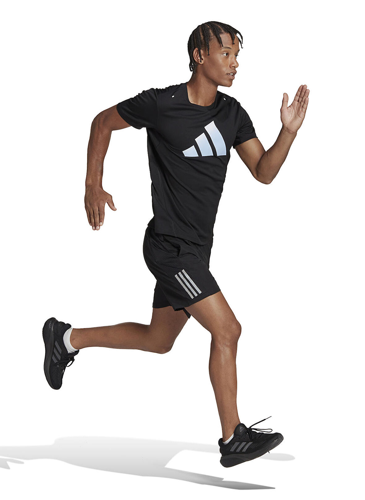 adidas Bisiklet Yaka Düz Siyah Erkek T-Shirt HR3243 RUN ICONS 3 BAR