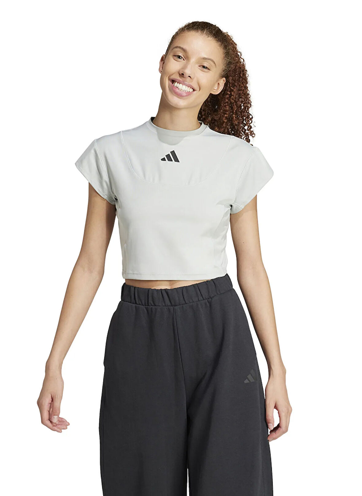 adidas JC5067 W CE G CRO TEE Gri Yuvarlak Yaka Crop Düz Kadın T-Shirt