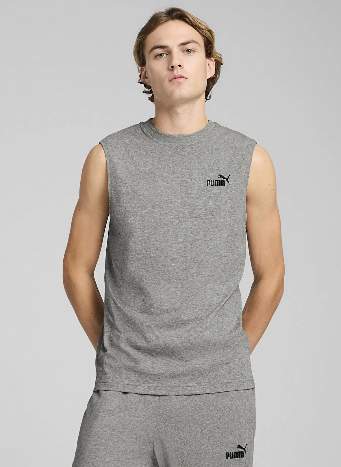 Puma 68262603 ESS No. 1 Logo Sleeveless Gri Yuvarlak Yaka Regular Fit Baskılı Erkek T-Shirt