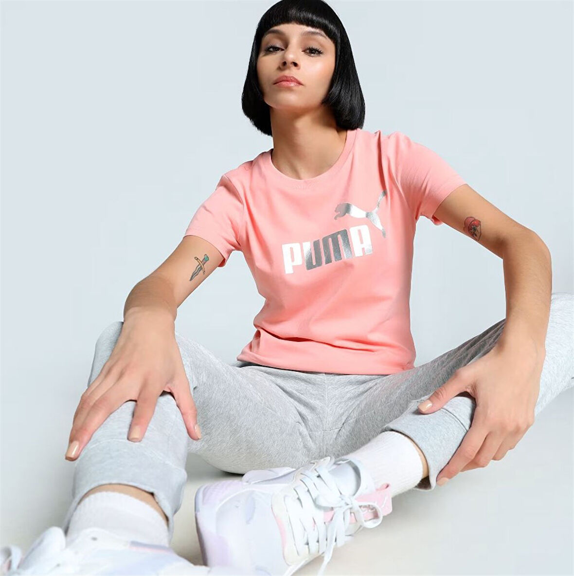 Puma METALLIC No.1 Logo Tee Pembe Kadın Spor Tişört - 631536 18