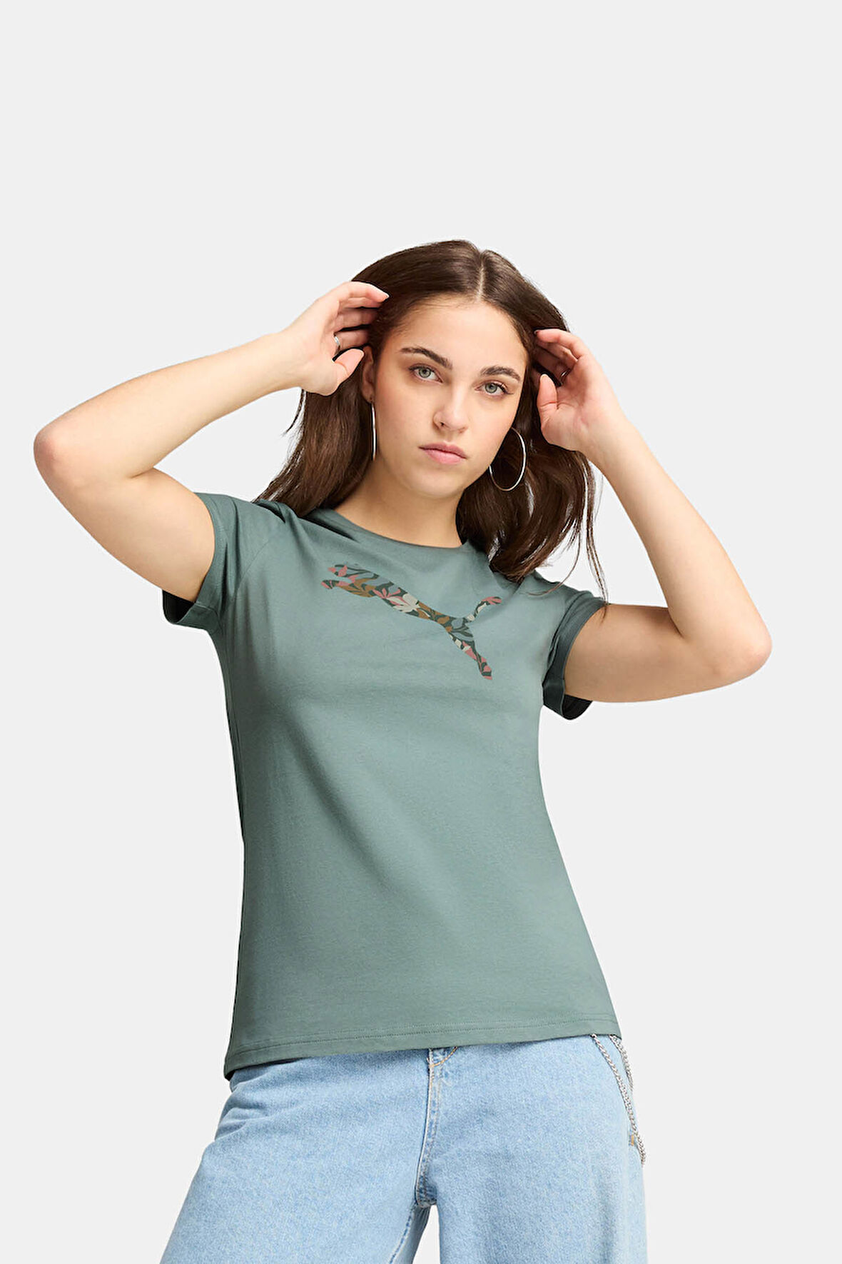 Kadın Graphics Floral Cat Logo Tee T-Shirt - Yeşil | M