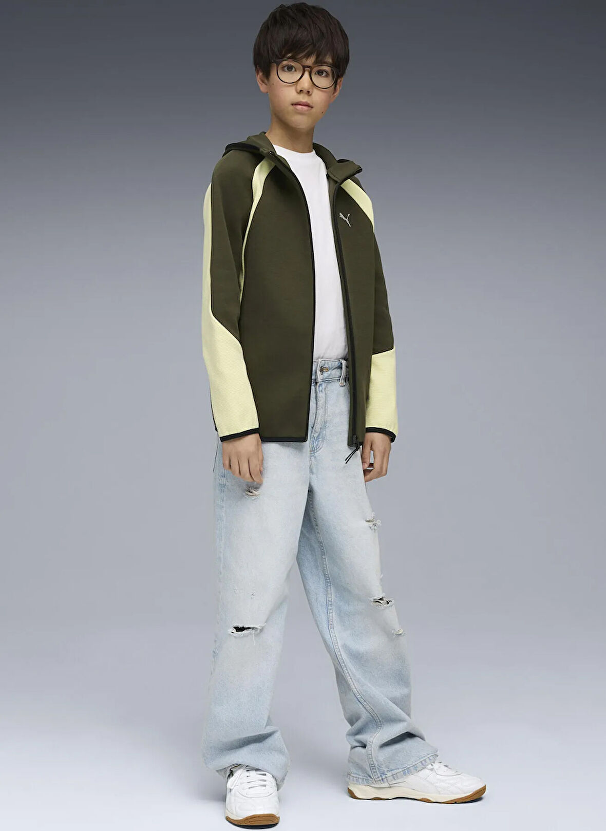 Puma Fermuarlı Yaka Düz Haki Erkek Çocuk Eşofman Üstü 68886370-EVOSTRIPE Full-Zip Hoodie