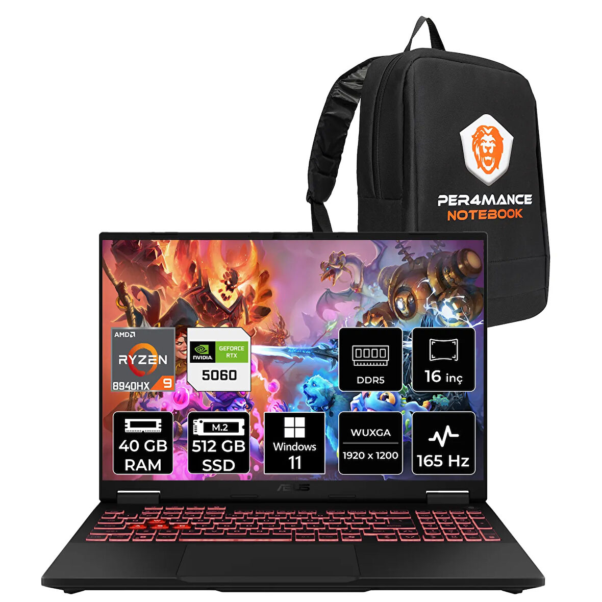 Asus TUF Gaming A16 R9 8940HX 40GB 512GB SSD RTX5060/8GB 115W 165Hz 16'' WUXGA W11P Laptop FA608PM