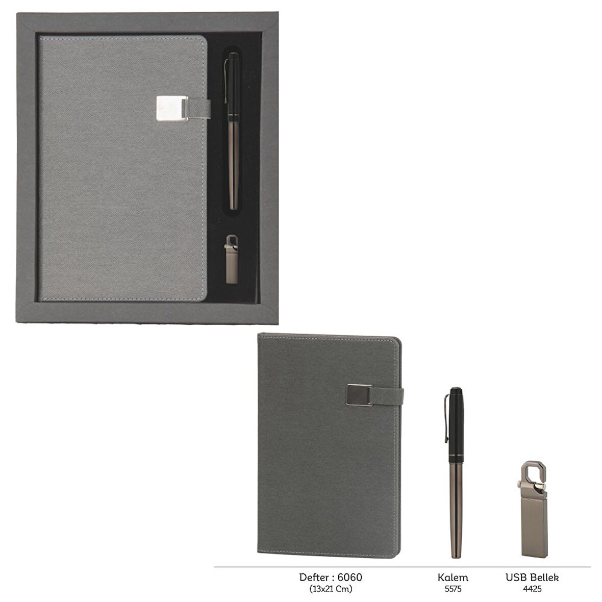 VIP Hediyelik Set - Defter, Kalem ve USB Bellek - (3’lü Kurumsal Hediye Seti) - 4080 FÜME