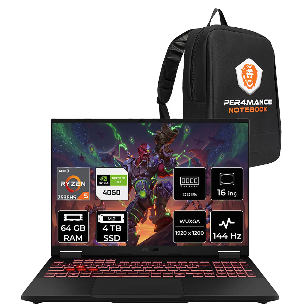 Asus TUF Gaming A16 R5 7535HS 64GB 4TB SSD RTX4050/6GB 140W 144Hz 16'' WUXGA FDOS Laptop FA607NU