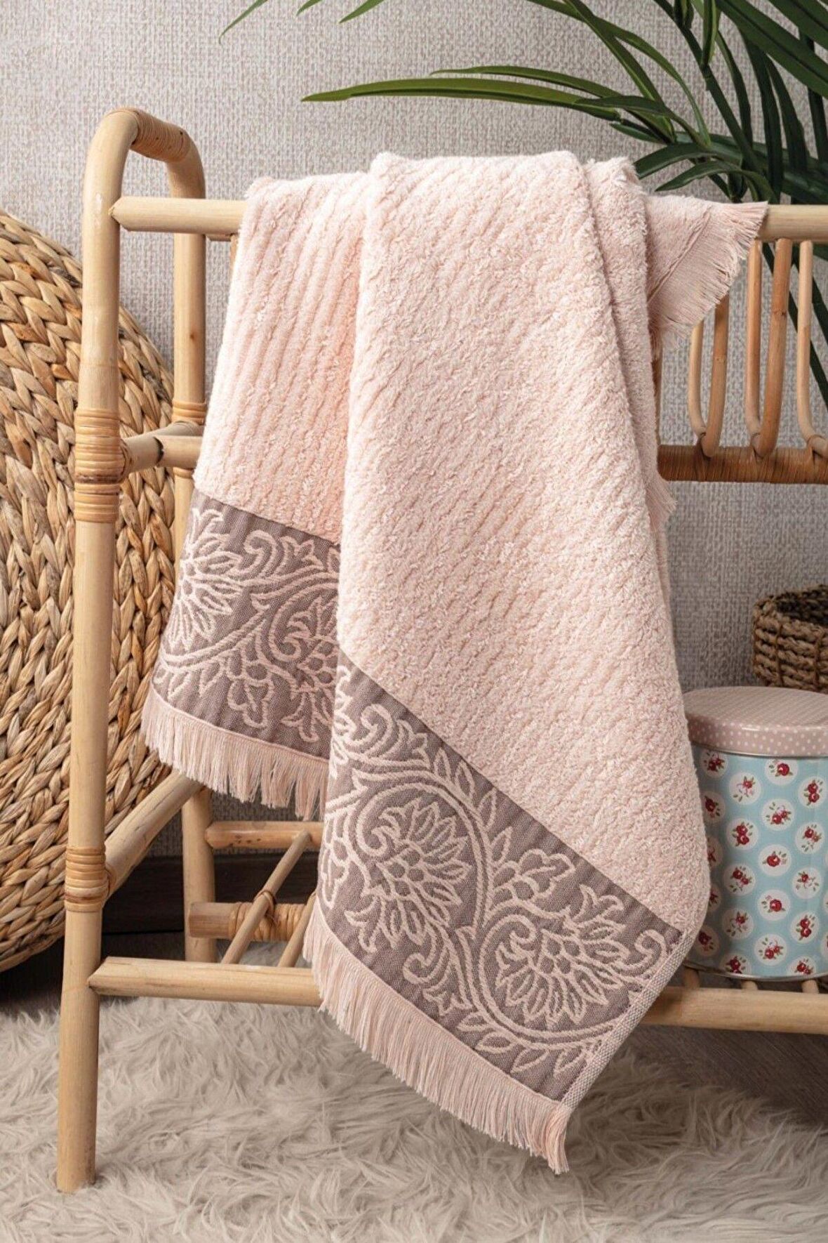 Sevim Bambu Yumuşak & Yüksek Emici El Havlusu - Pudra Rengi Kabartma Bordürlü - 50x90cm