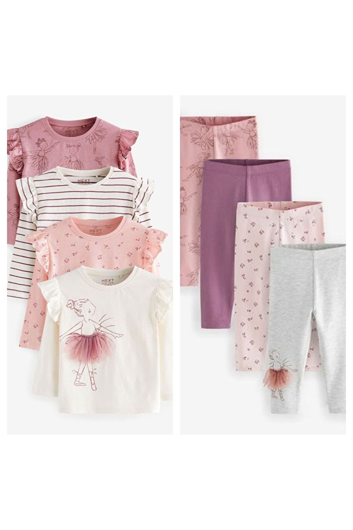 Next Baby Pamuklu Pembe Balerin Desenli Uzun Kollu Taytlı Alt Üst Takım