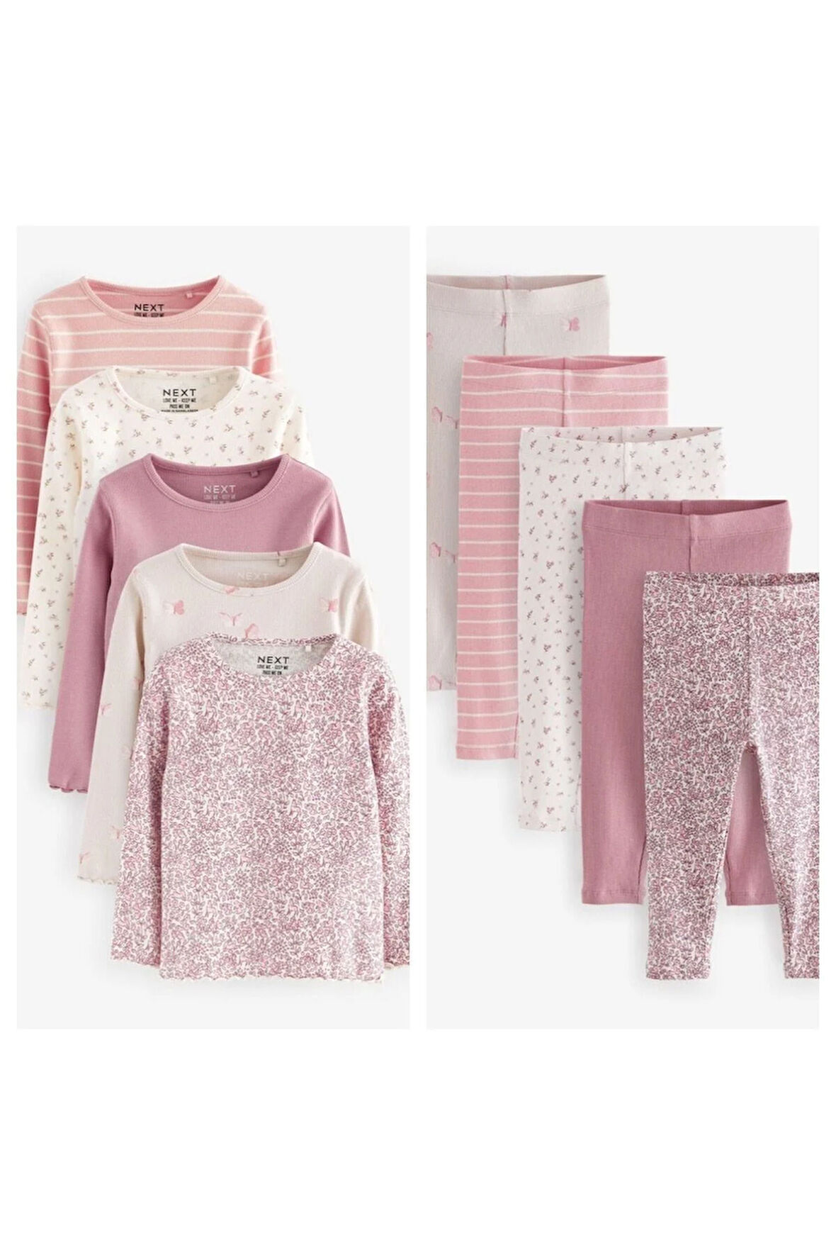 Next Baby Pamuklu Pembe Çiçek Desenli Uzun Kollu Ribanalı 5’li Alt Üst Takım