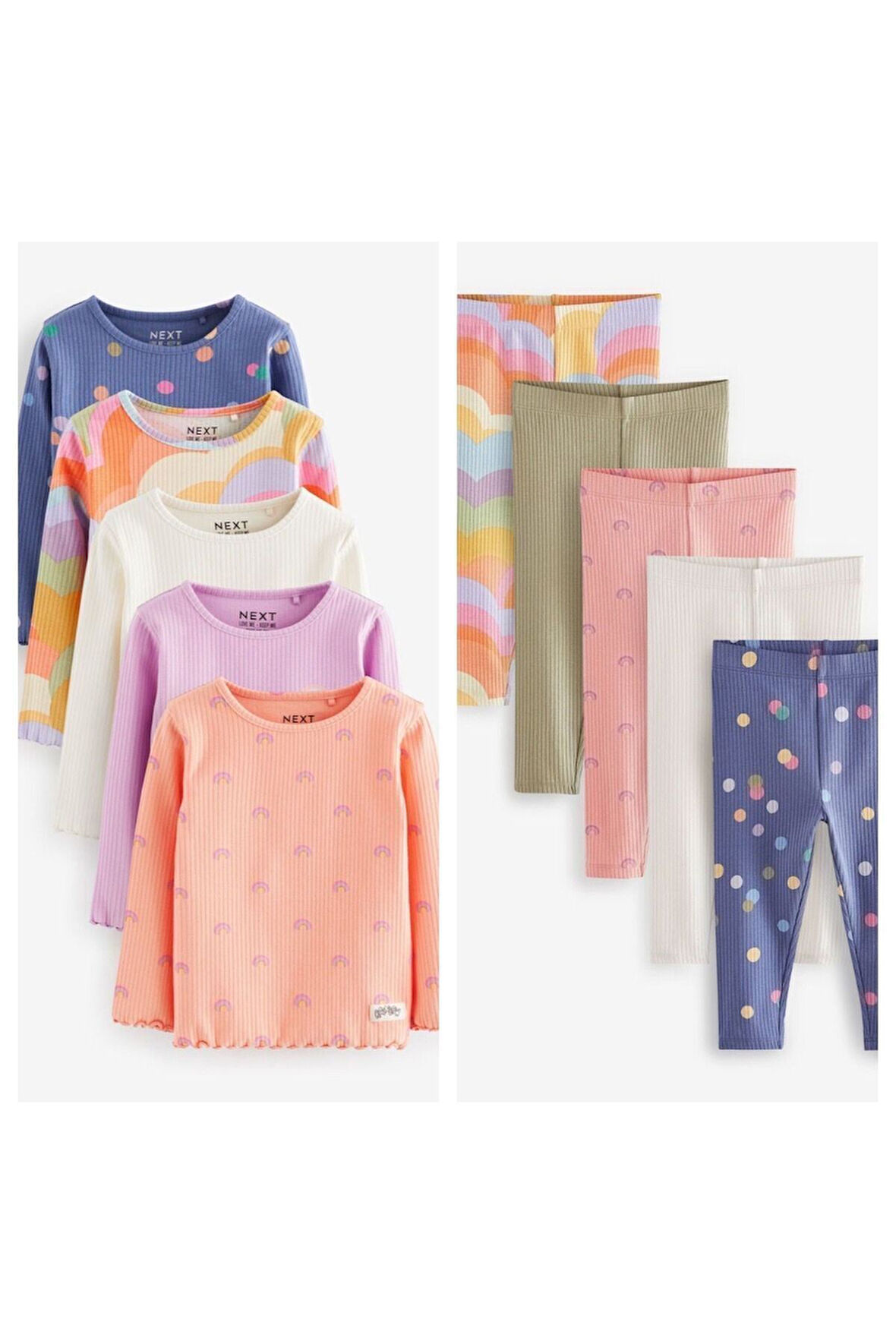 Next Baby Pamuklu Parlak Gökkuşağı Desenli Uzun Kollu Body Tayt 5’li Alt Üst Takım