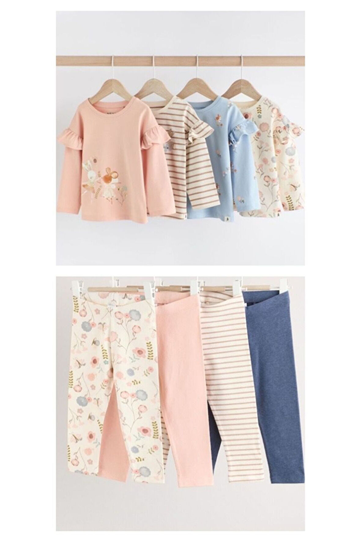Next Baby Pamuklu Krem Balerin Desenli Uzun Kollu Fırfırlı 4' lü Taytlı Alt Üst Takım