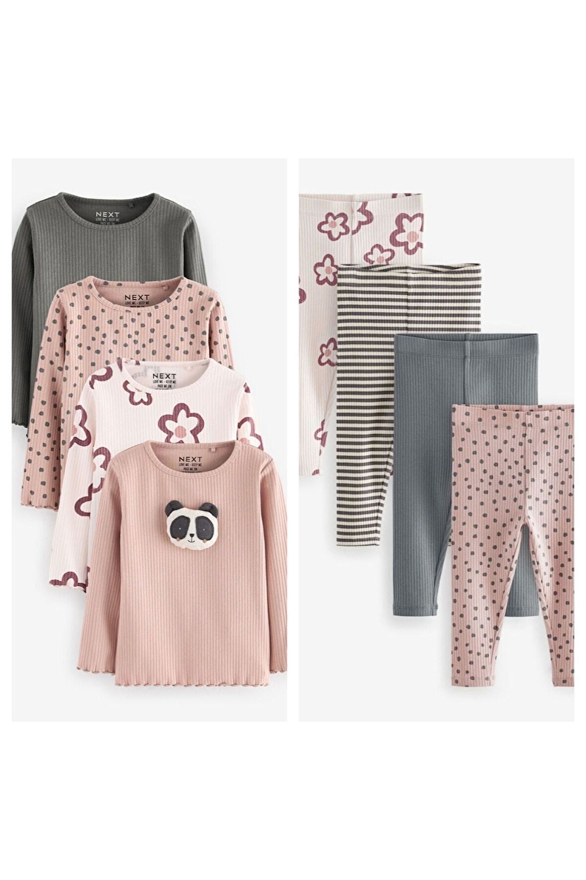 Next Baby Pamuklu Krem Kahve Panda Çiçek Desenli Uzun Kollu Taytlı Takım