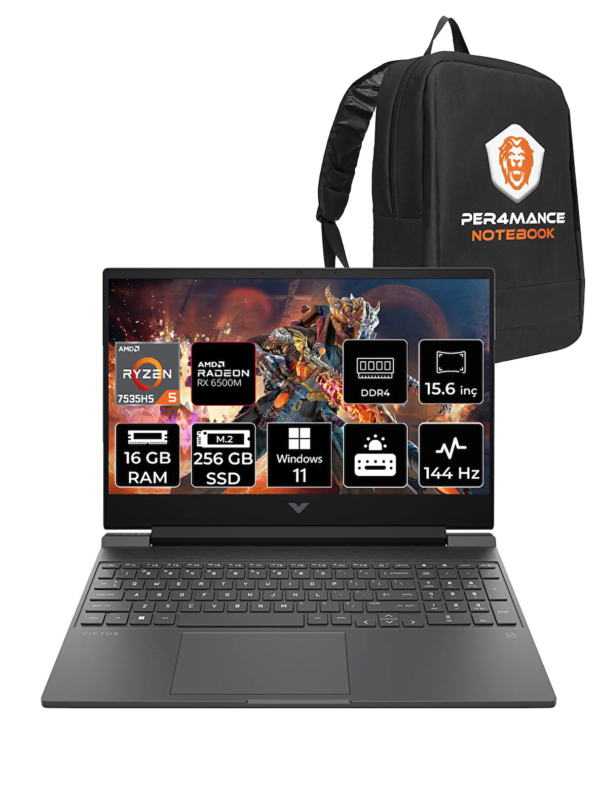 HP Victus 15 R5 7535HS 16GB 256GB SSD RX6550M/4GB 144Hz 15.6'' FHD W11H Gaming Laptop & PER4 ÇANTA