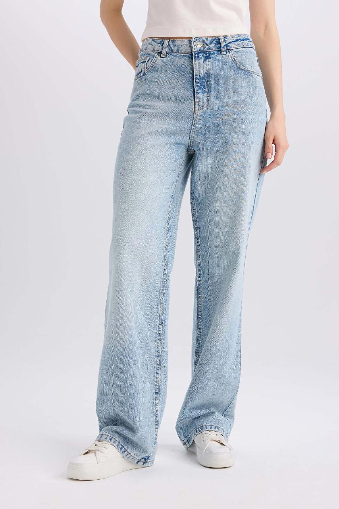 90's Wide Leg Yüksek Bel Uzun Jean Yıkamalı Pantolon